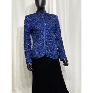 MSK Royal Blue Sequin Ruched Zip Jacket Size M Satin Stretch Evening Top NEW